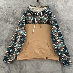 Rock & Roll Denim Southwestern Aztec Print Hoodie Mens L Pullover Tan Colorblock